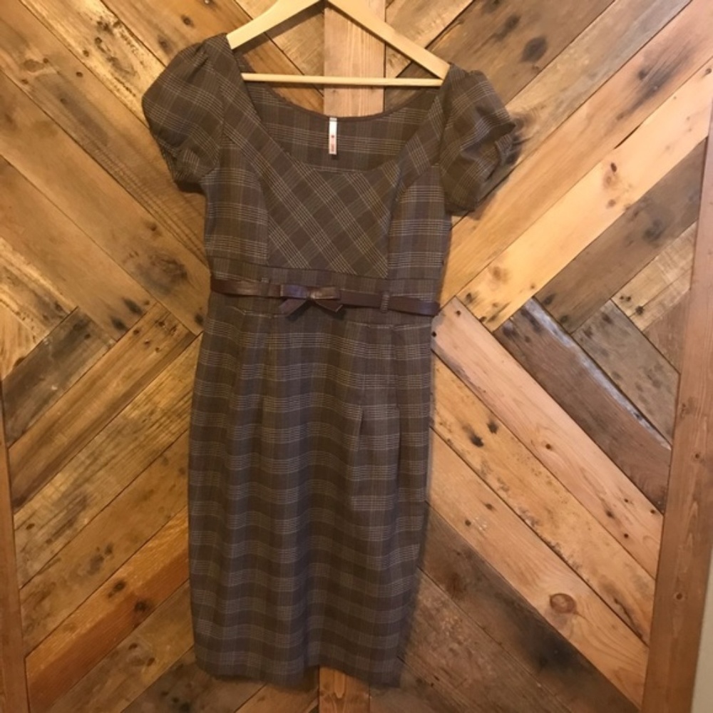 5 for $20! Retro Twee Plaid Cap Sleeve Dress w/ Bow Belt